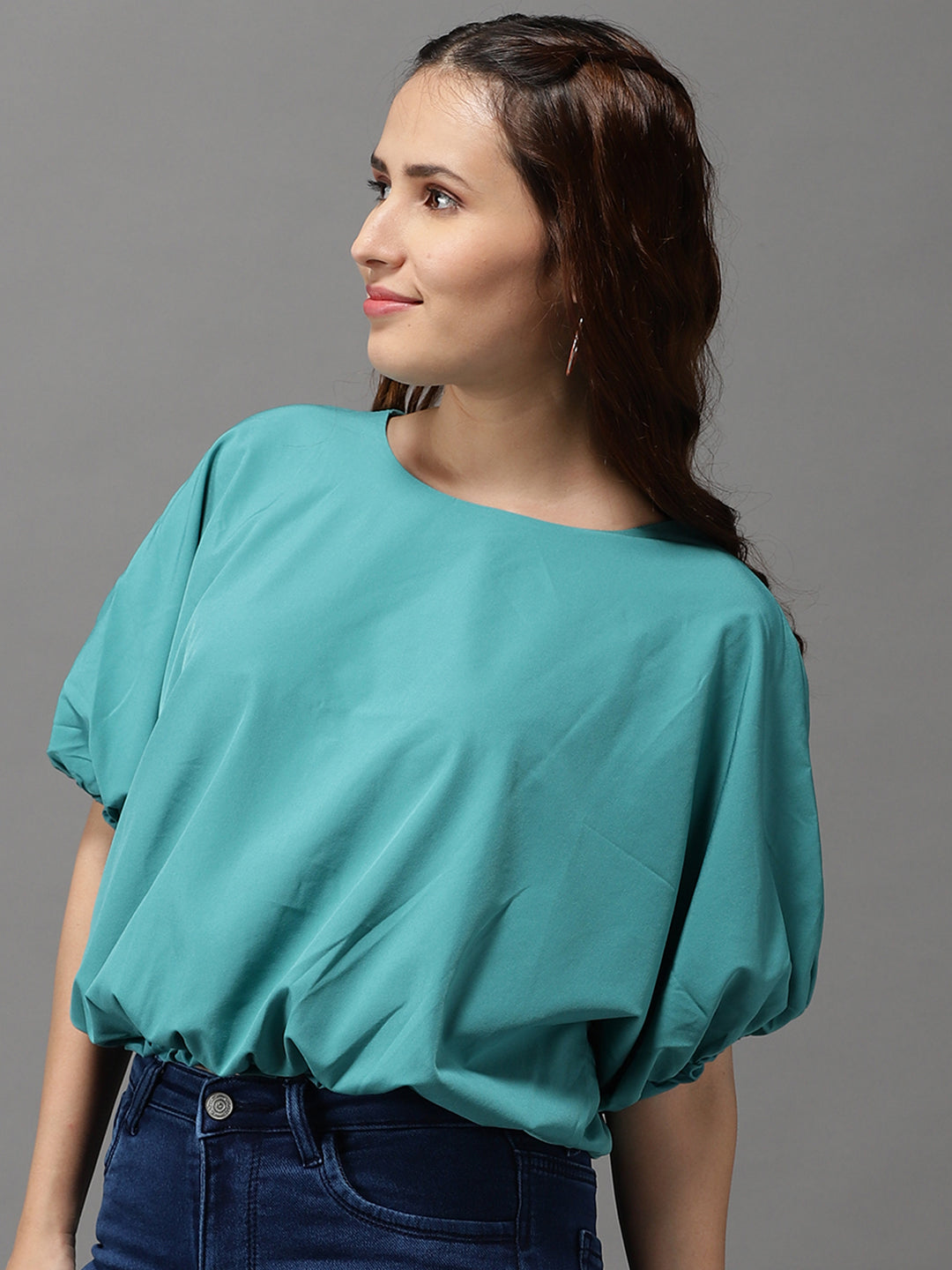 Women Solid Green Cinched Waist Top