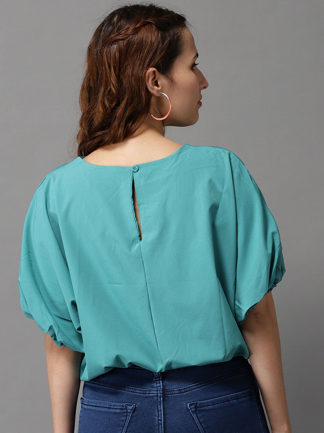 Women Solid Green Cinched Waist Top