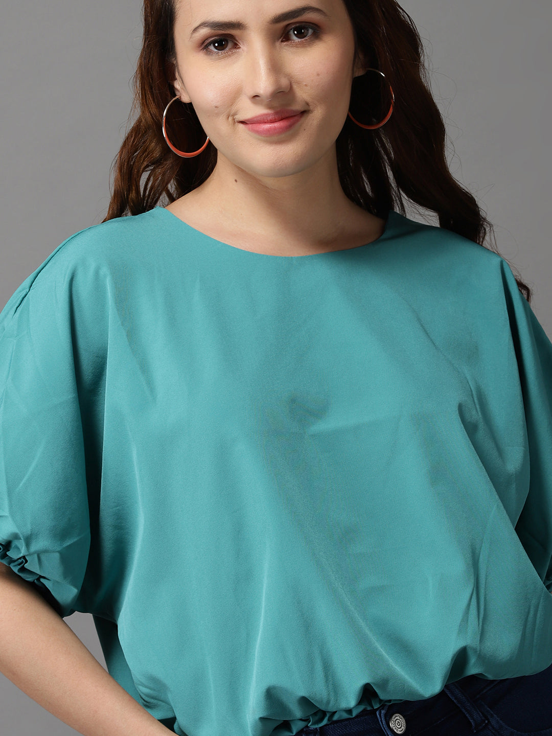 Women Solid Green Cinched Waist Top