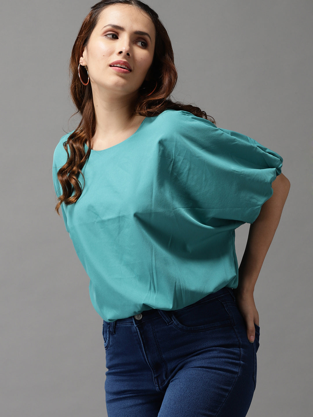 Women Solid Green Cinched Waist Top