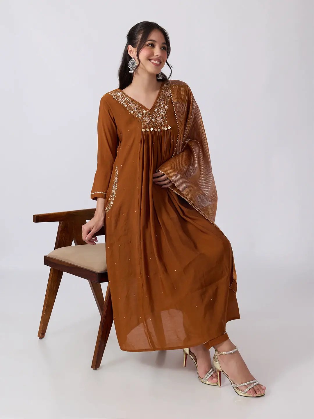 Women's Embellished Brown Flared Kurta Pant Set with Gold Floral Detailing and Striped Dupatta