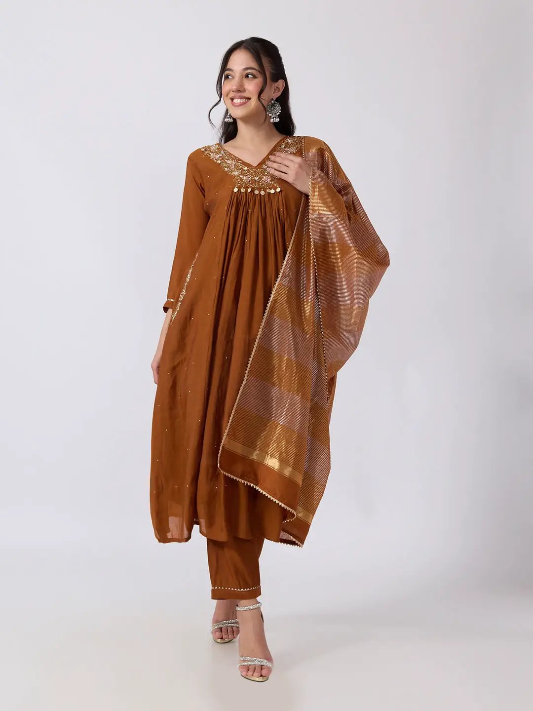 Women's Embellished Brown Flared Kurta Pant Set with Gold Floral Detailing and Striped Dupatta