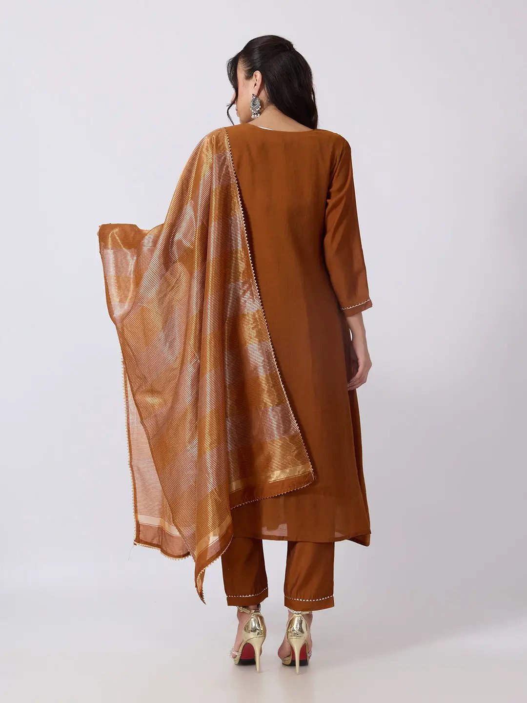 Women's Embellished Brown Flared Kurta Pant Set with Gold Floral Detailing and Striped Dupatta