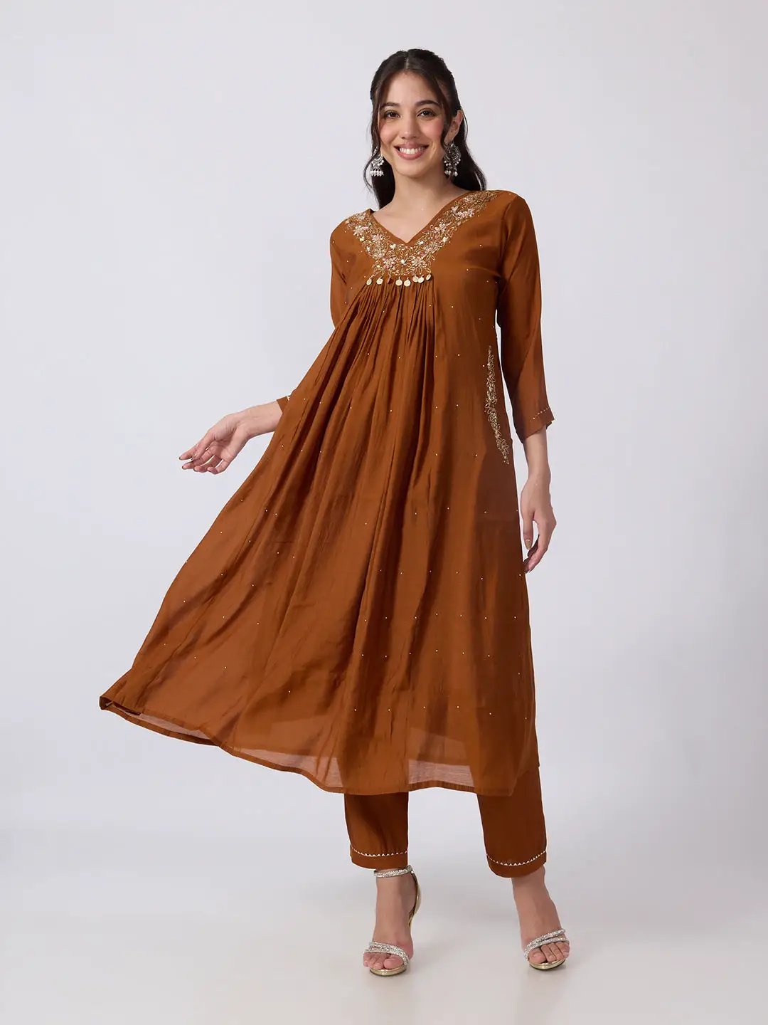 Women's Embellished Brown Flared Kurta Pant Set with Gold Floral Detailing and Striped Dupatta