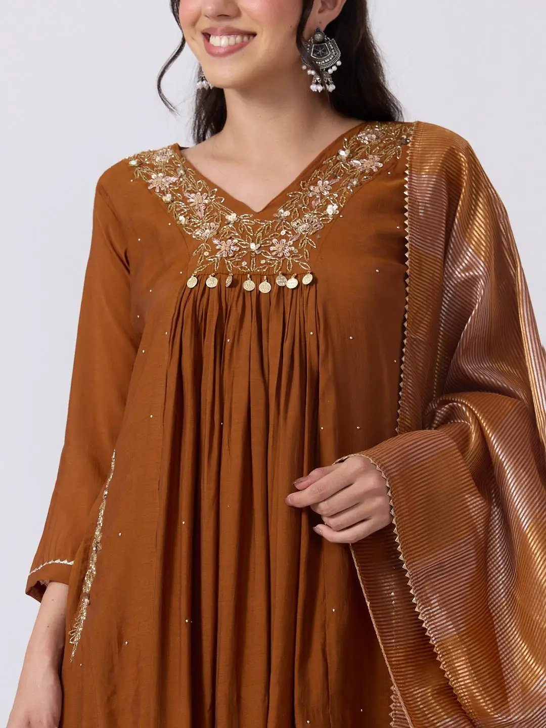 Women's Embellished Brown Flared Kurta Pant Set with Gold Floral Detailing and Striped Dupatta