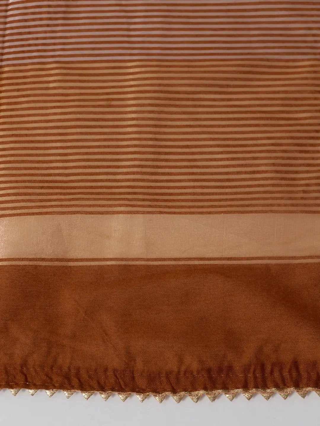 Women's Embellished Brown Flared Kurta Pant Set with Gold Floral Detailing and Striped Dupatta