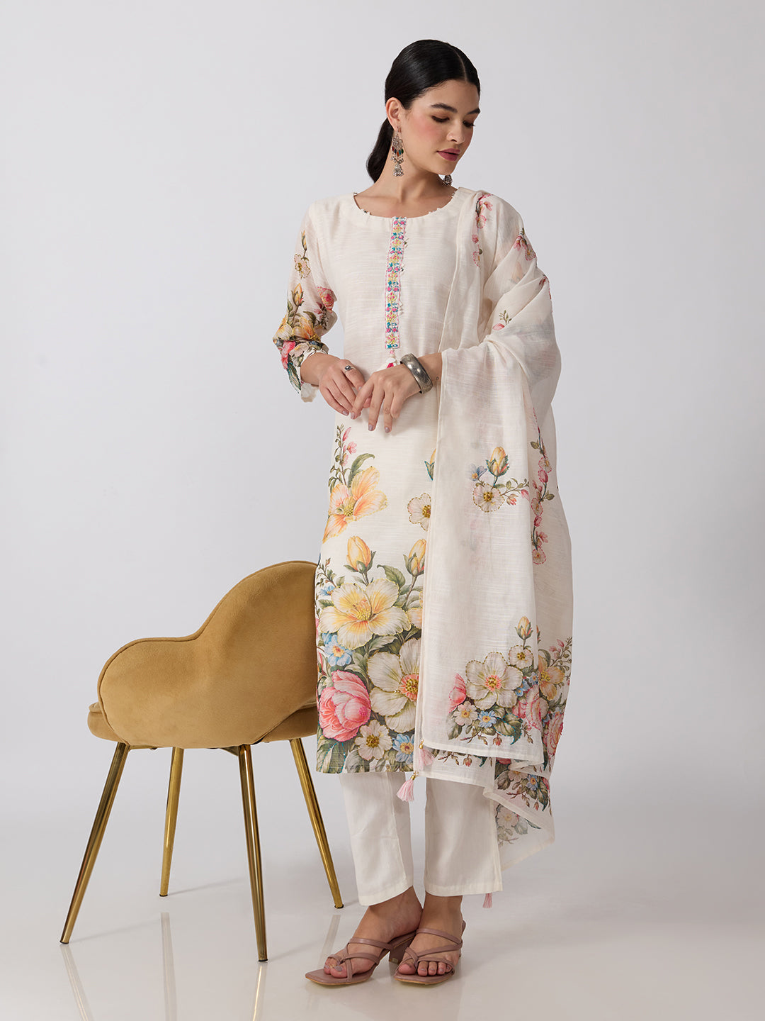 Women’s Floral Printed Cream Straight Kurta Set with Dupatta