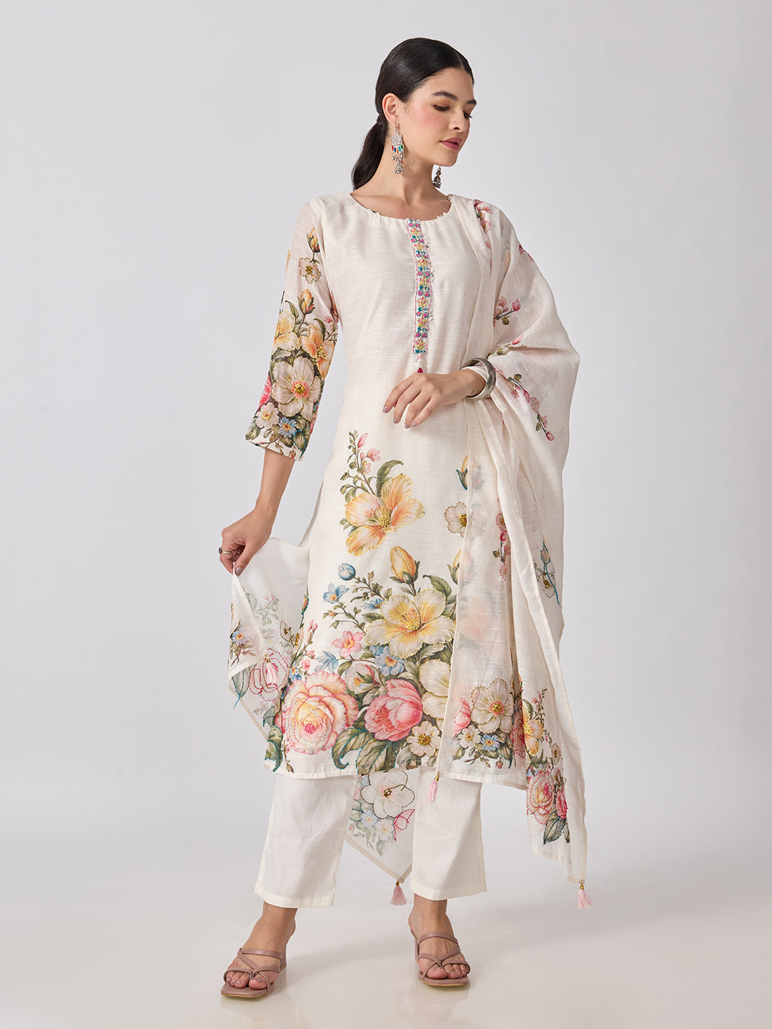Women’s Floral Printed Cream Straight Kurta Set with Dupatta