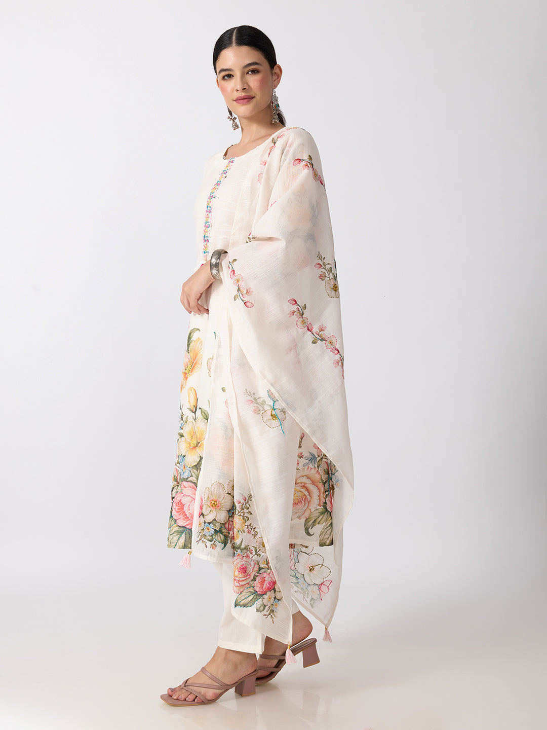 Women’s Floral Printed Cream Straight Kurta Set with Dupatta