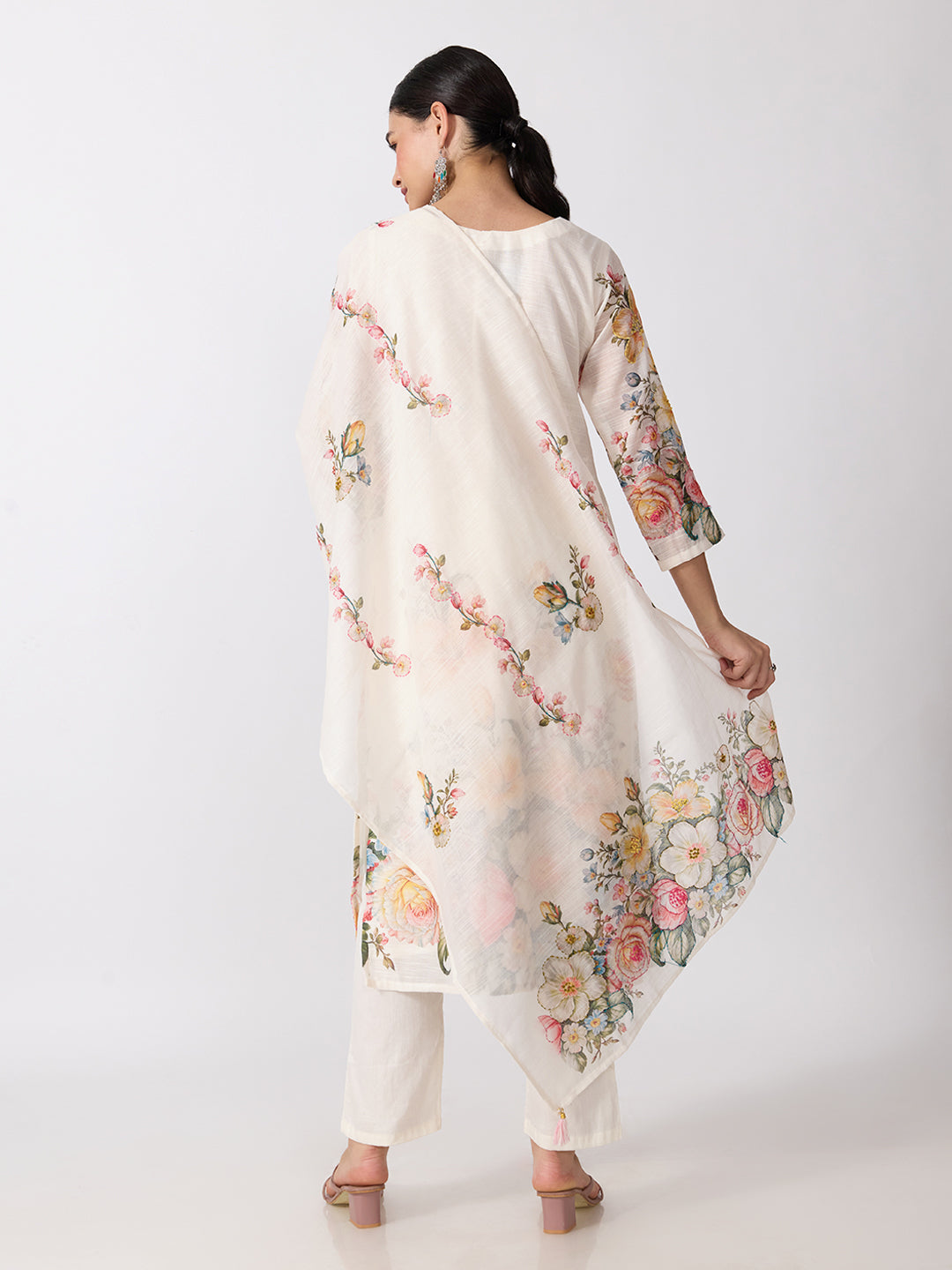 Women’s Floral Printed Cream Straight Kurta Set with Dupatta