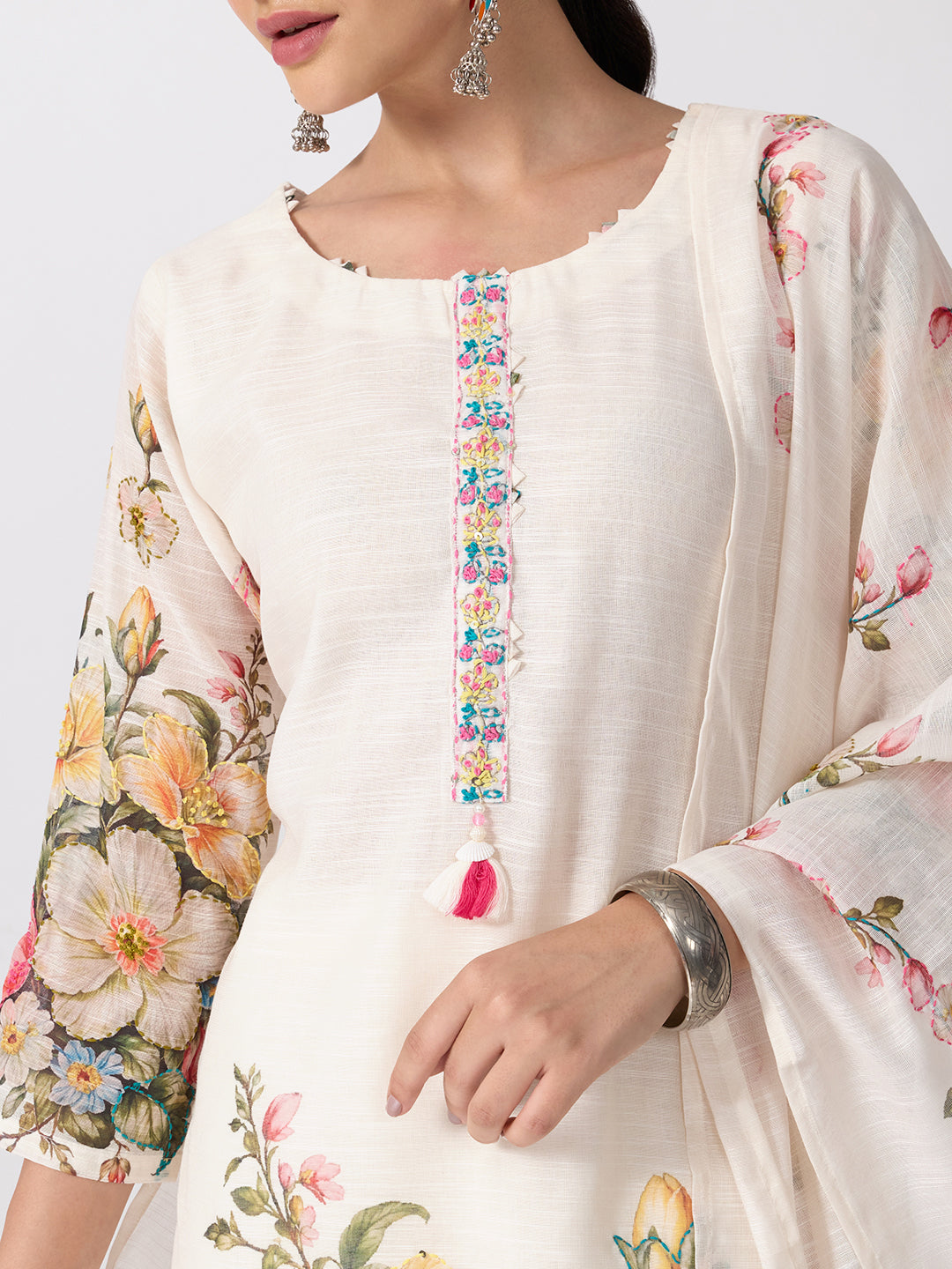 Women’s Floral Printed Cream Straight Kurta Set with Dupatta