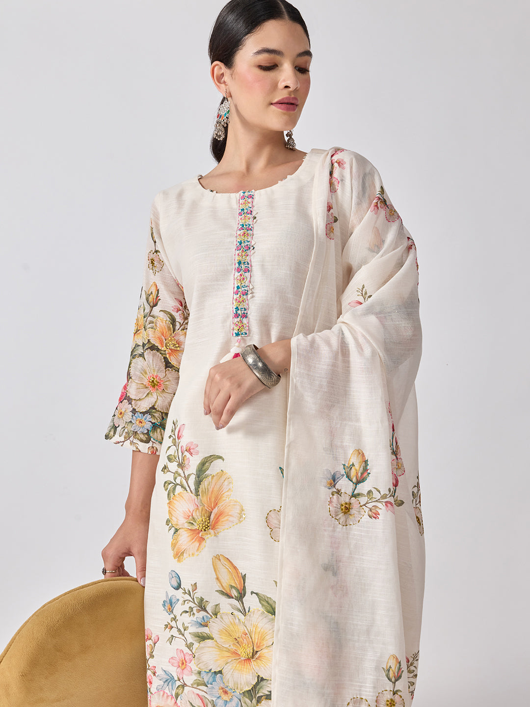 Women’s Floral Printed Cream Straight Kurta Set with Dupatta