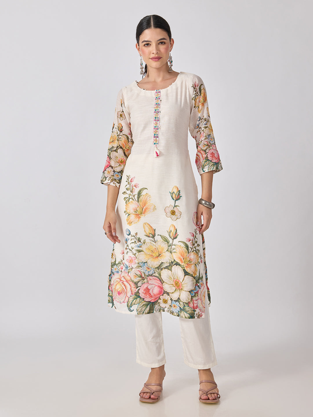 Women’s Floral Printed Cream Straight Kurta Set with Dupatta