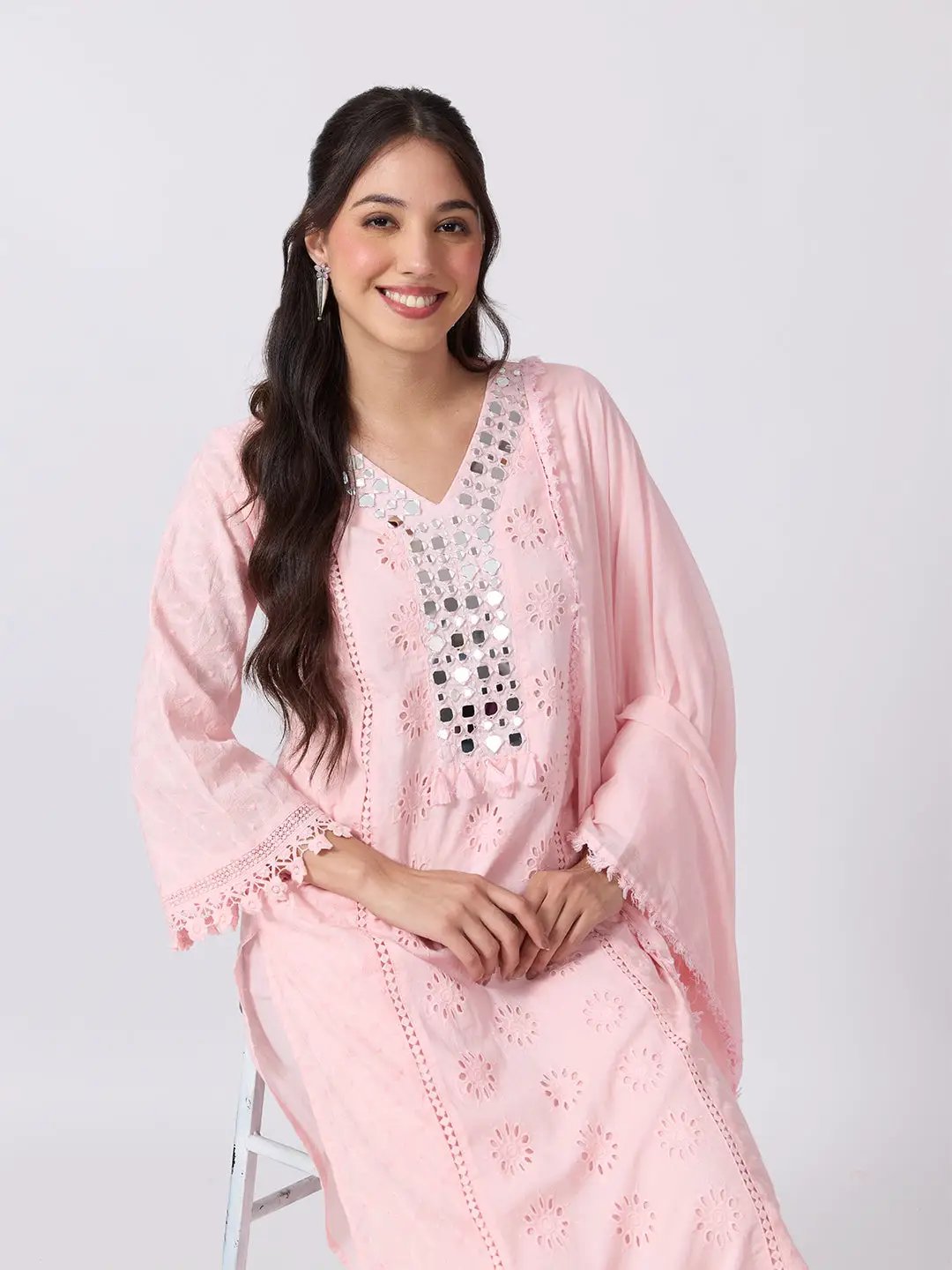 Women's Floral Eyelet Embroidered Pink Mirror Work Kurta Pant Set with Lace Trim Dupatta