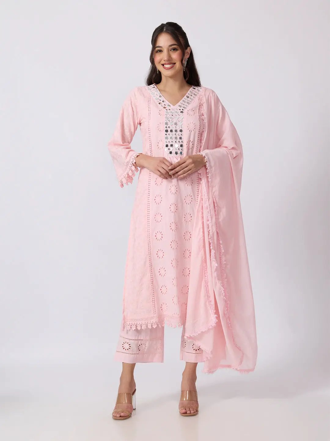 Women's Floral Eyelet Embroidered Pink Mirror Work Kurta Pant Set with Lace Trim Dupatta
