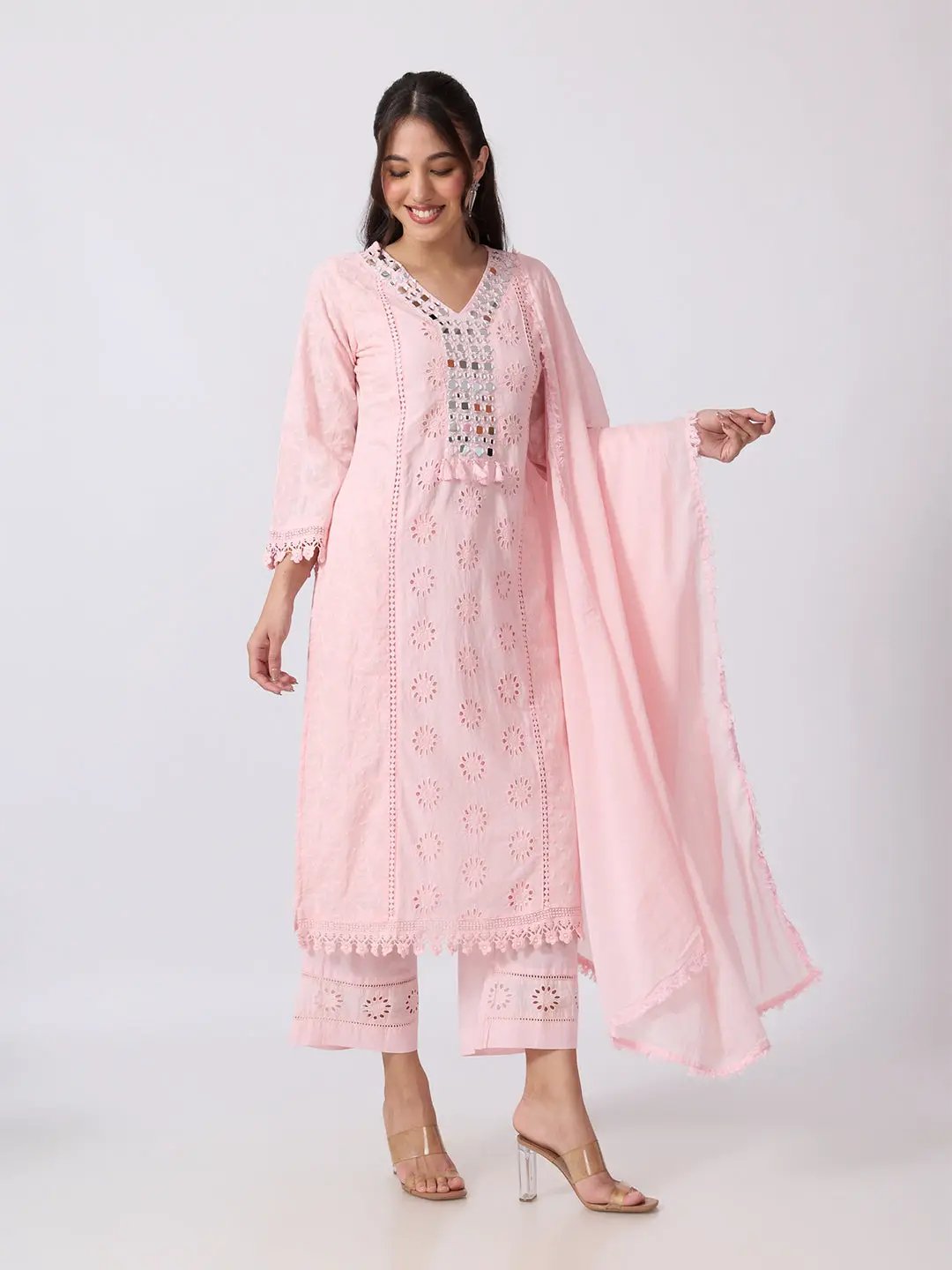 Women's Floral Eyelet Embroidered Pink Mirror Work Kurta Pant Set with Lace Trim Dupatta