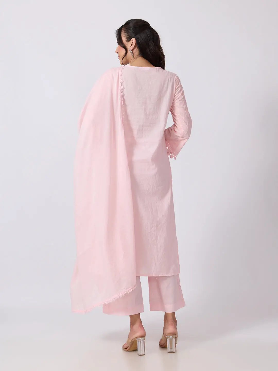 Women's Floral Eyelet Embroidered Pink Mirror Work Kurta Pant Set with Lace Trim Dupatta