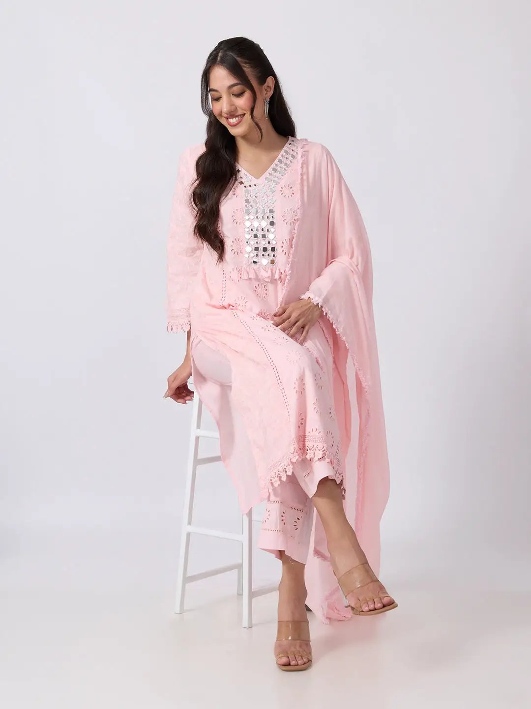 Women's Floral Eyelet Embroidered Pink Mirror Work Kurta Pant Set with Lace Trim Dupatta
