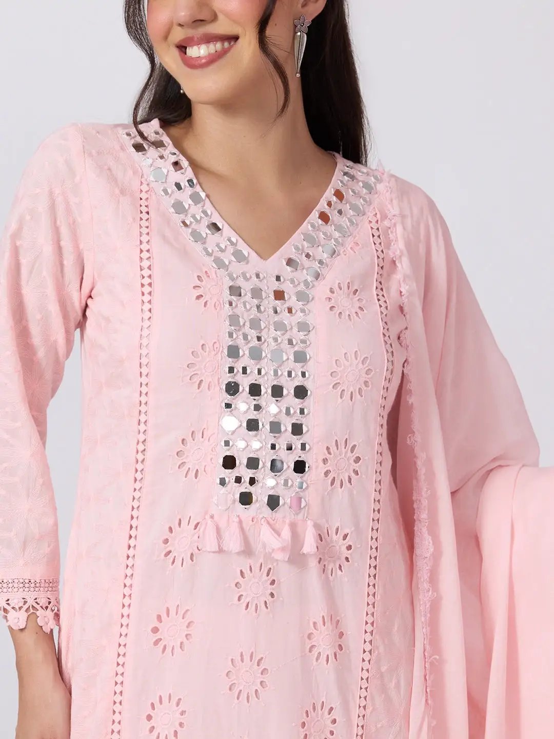 Women's Floral Eyelet Embroidered Pink Mirror Work Kurta Pant Set with Lace Trim Dupatta