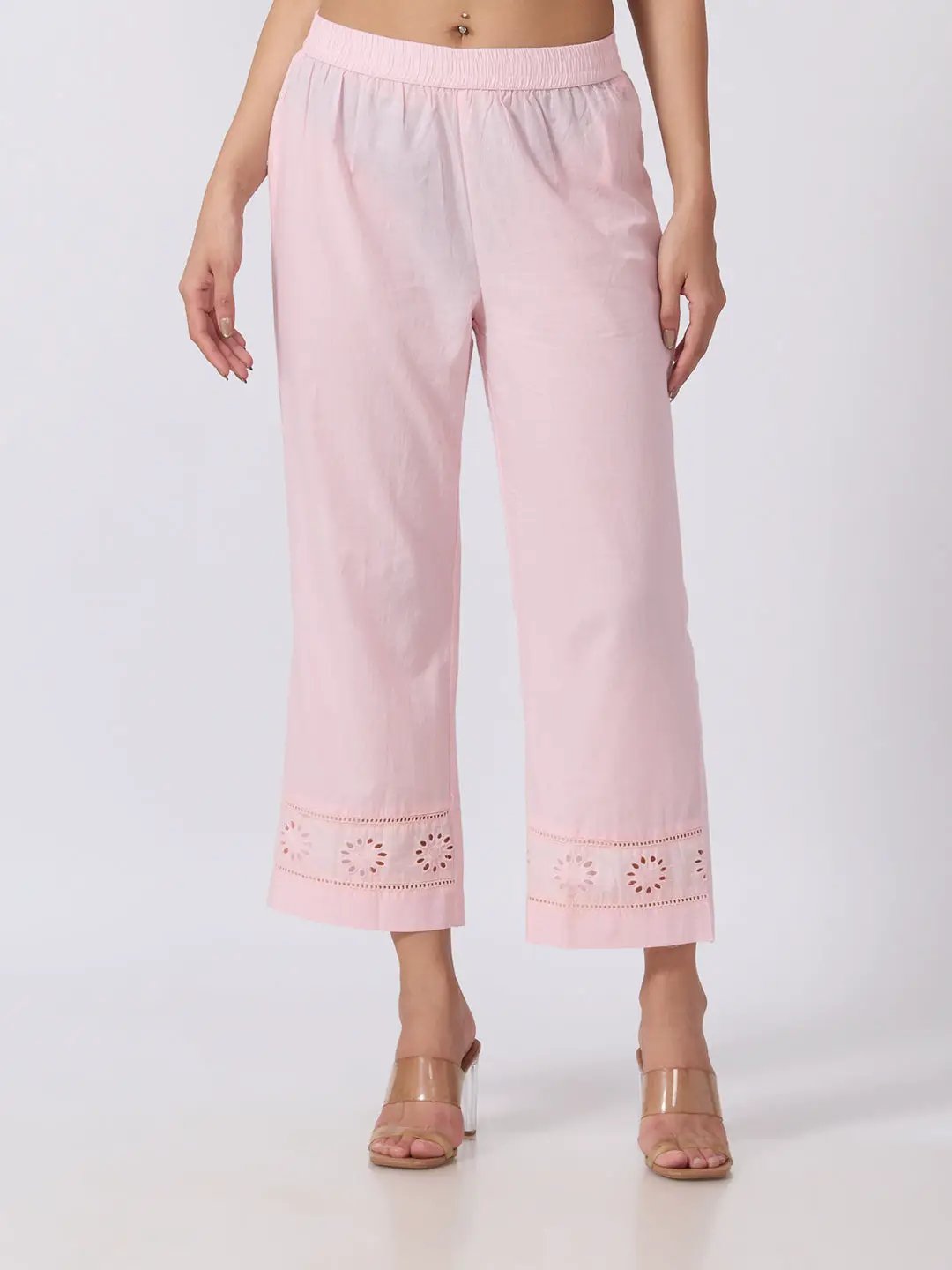 Women's Floral Eyelet Embroidered Pink Mirror Work Kurta Pant Set with Lace Trim Dupatta