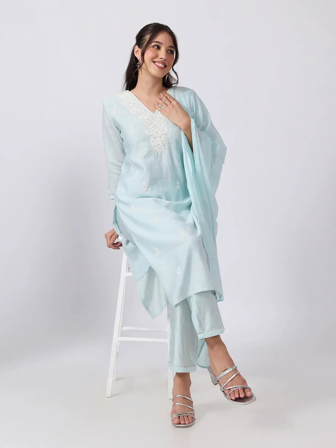 Women's Blue Embroidered Kurta Set with Dupatta