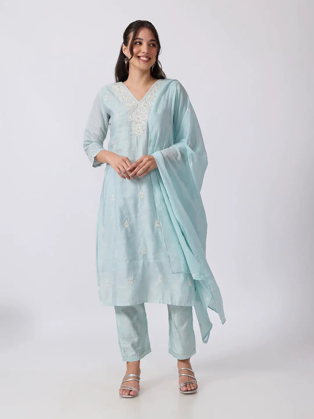 Women's Blue Embroidered Kurta Set with Dupatta