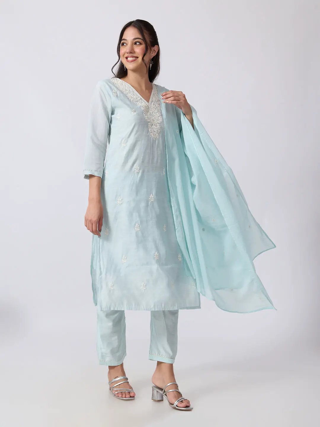 Women's Blue Embroidered Kurta Set with Dupatta