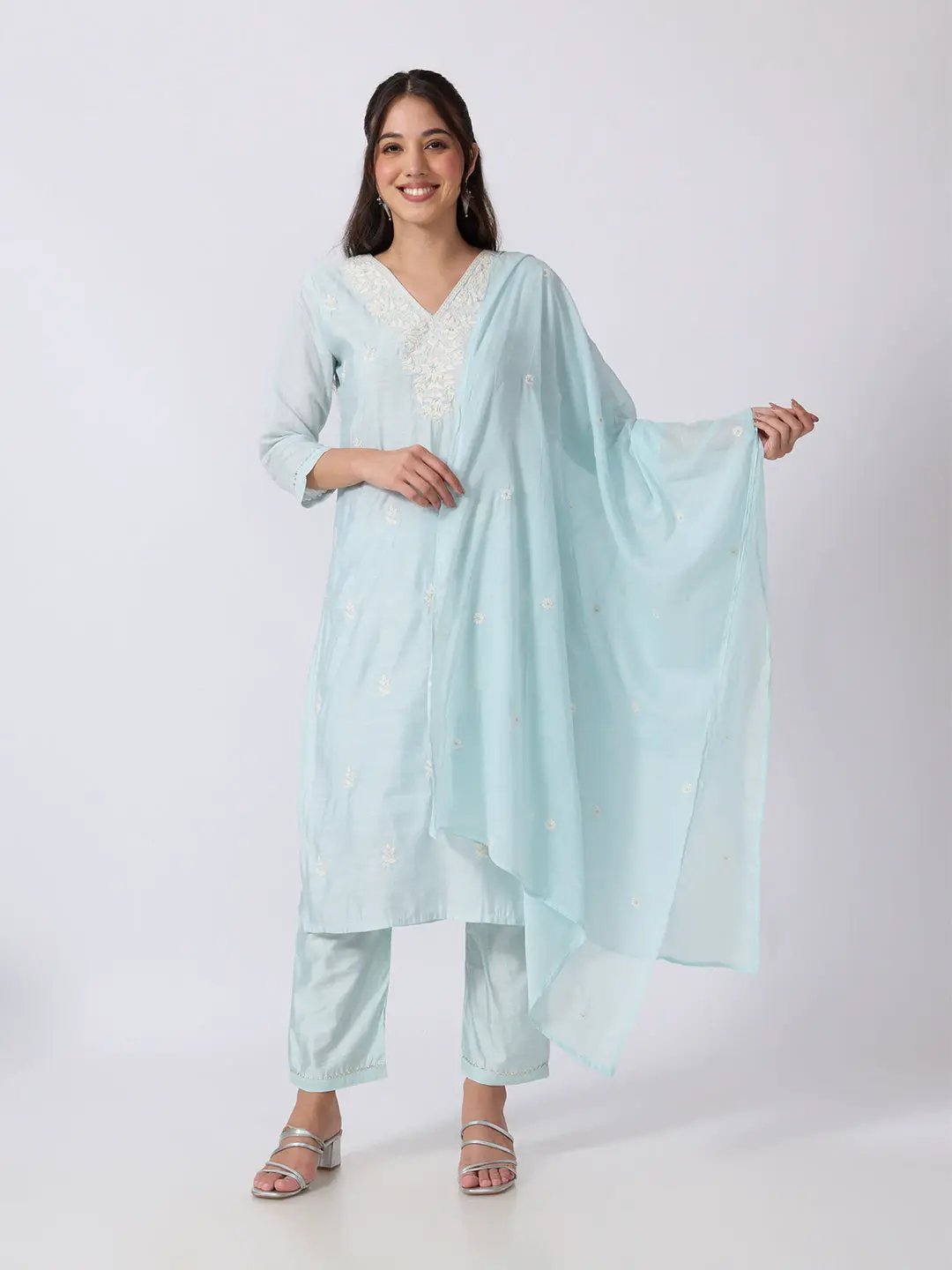 Women's Blue Embroidered Kurta Set with Dupatta