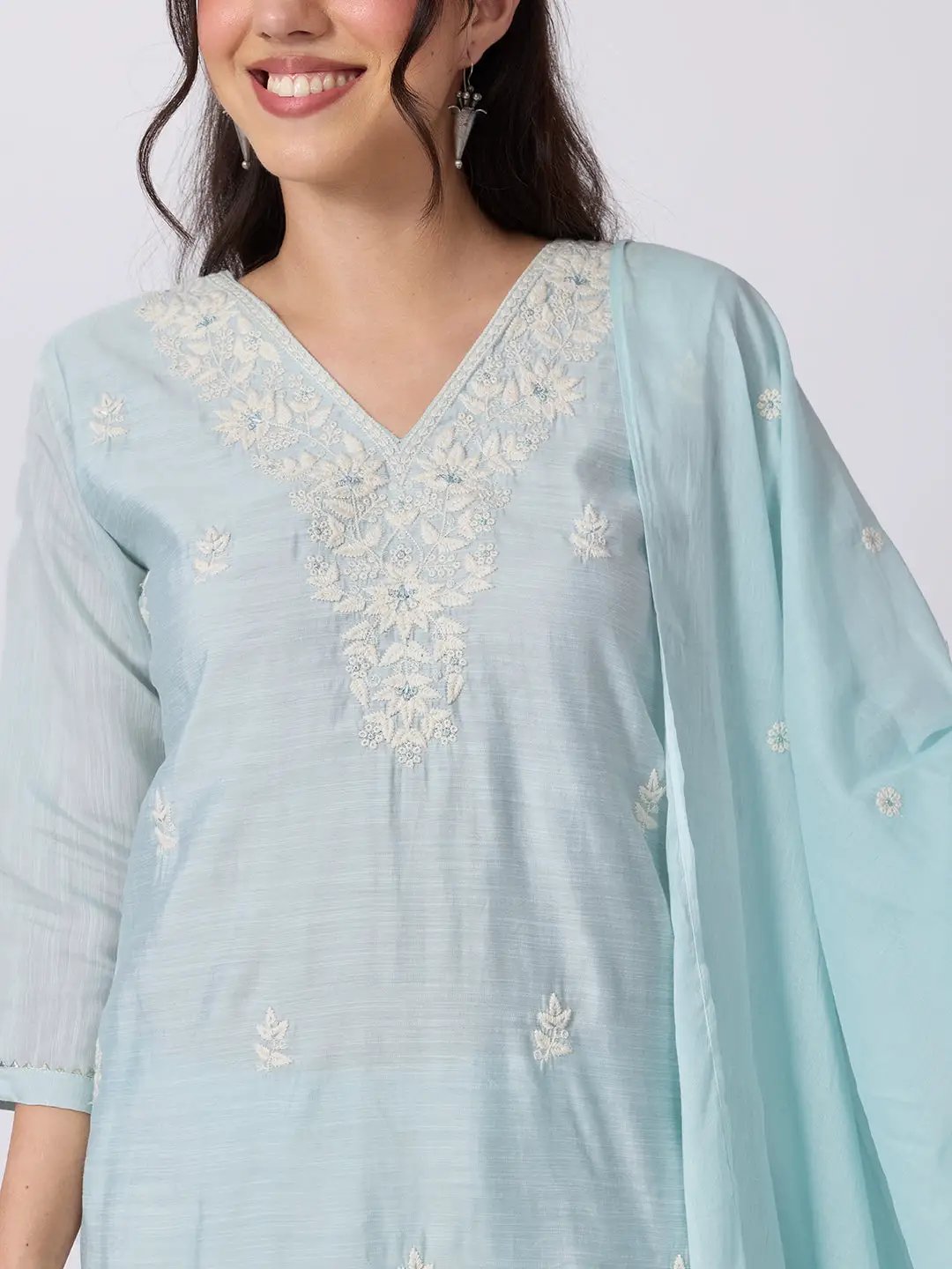 Women's Blue Embroidered Kurta Set with Dupatta