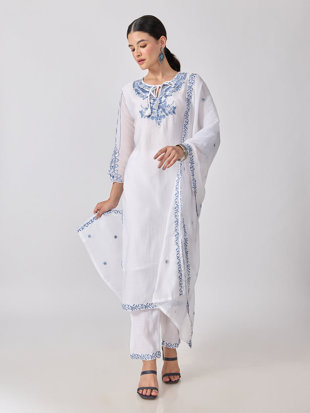 Women’s Floral Embroidered White Straight Kurta Set with Tie-Up Neck and Dupatta