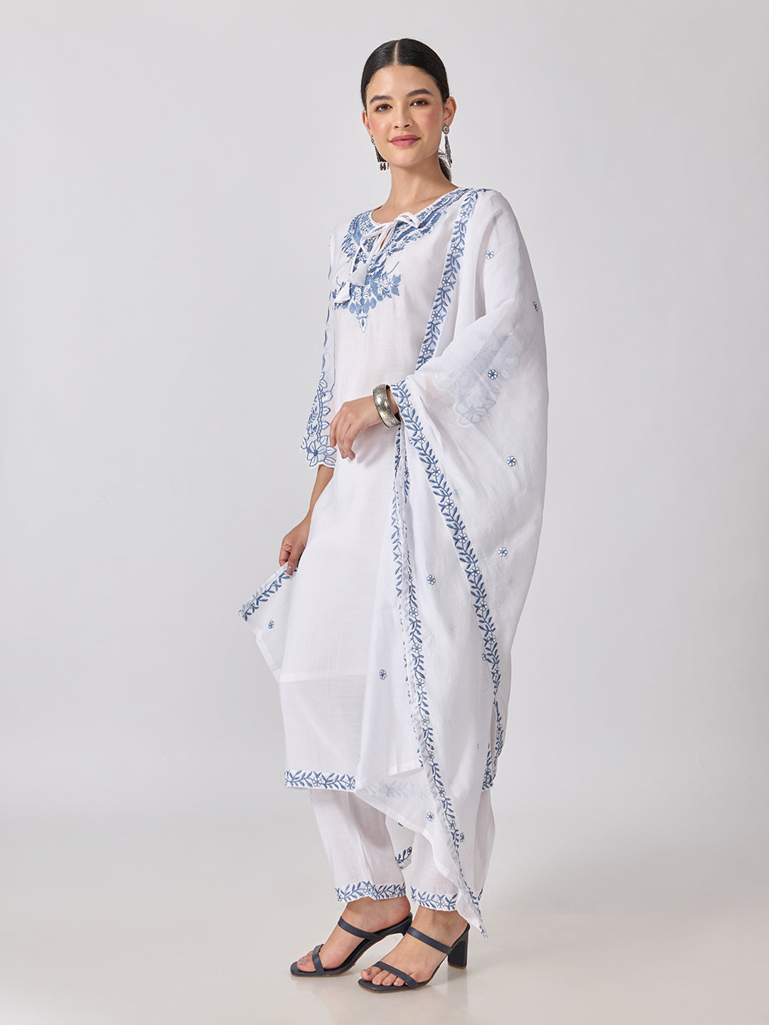 Women’s Floral Embroidered White Straight Kurta Set with Tie-Up Neck and Dupatta