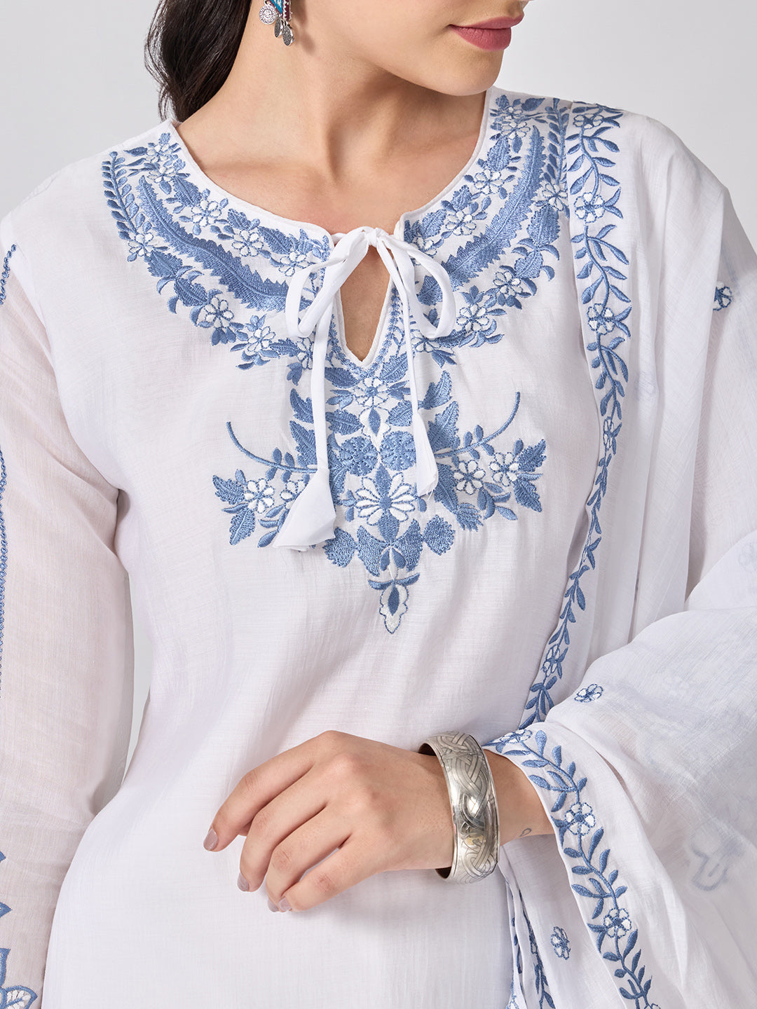 Women’s Floral Embroidered White Straight Kurta Set with Tie-Up Neck and Dupatta