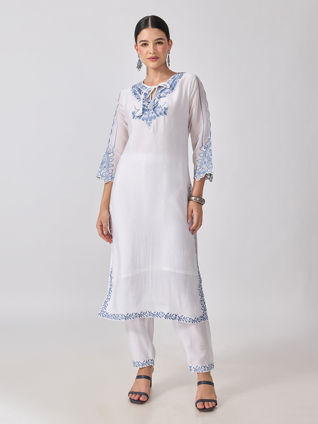 Women’s Floral Embroidered White Straight Kurta Set with Tie-Up Neck and Dupatta