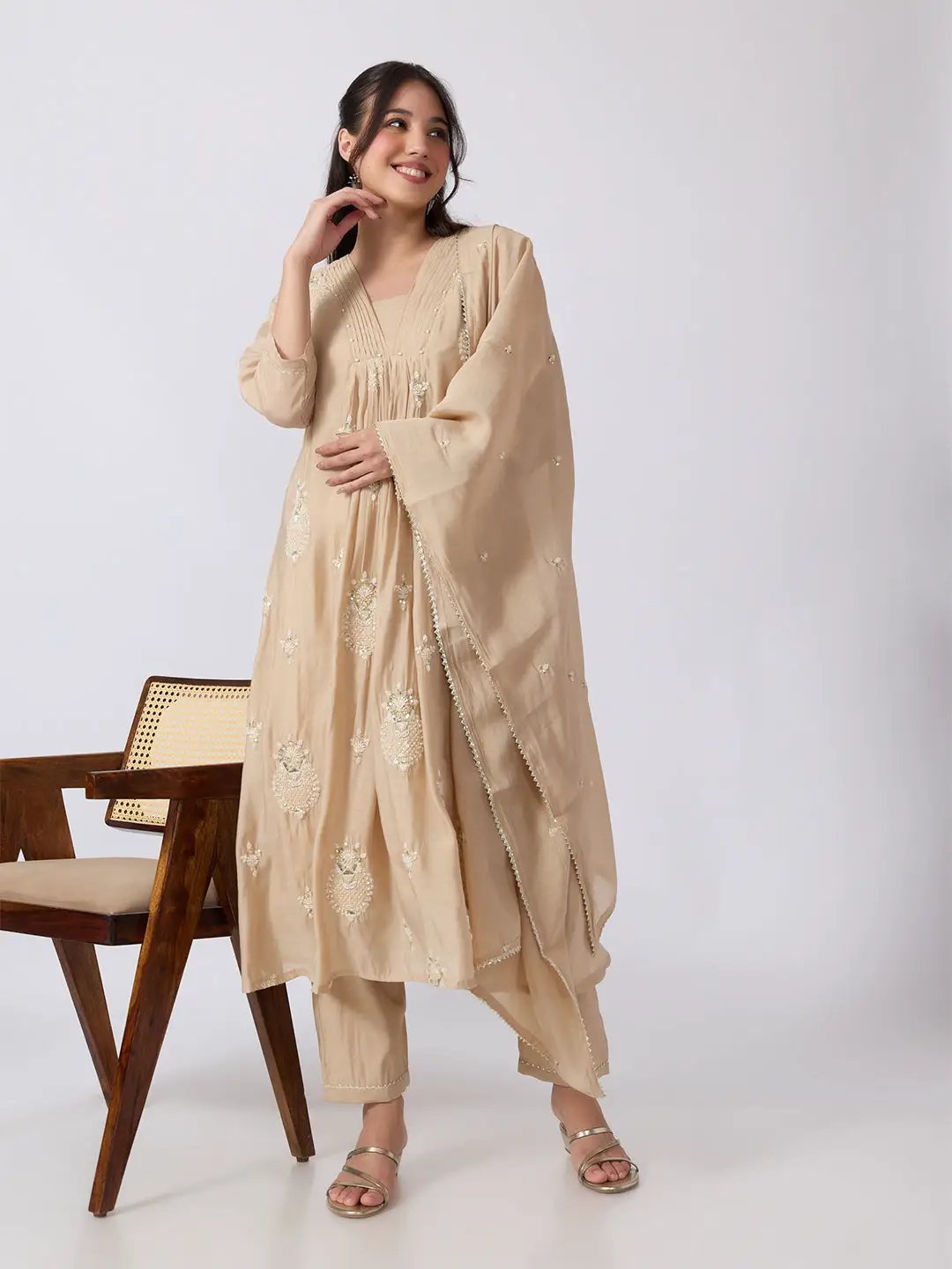 Women's Embellished Beige A Line Kurta Pant Set
