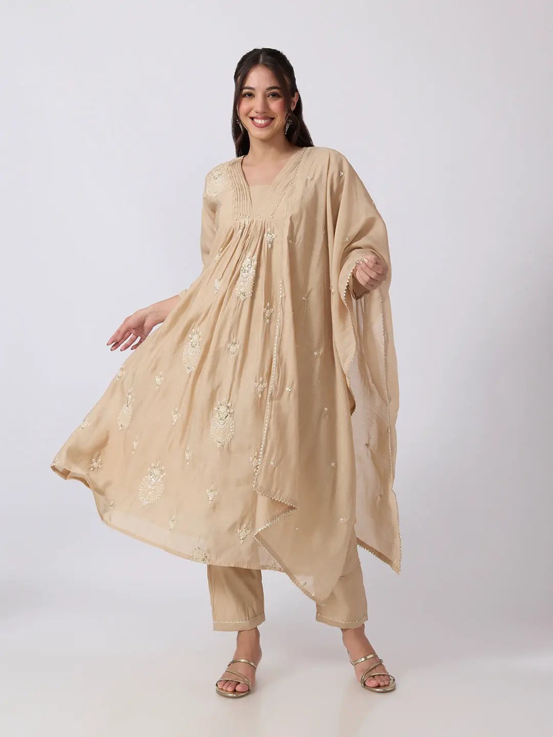 Women's Embellished Beige A Line Kurta Pant Set