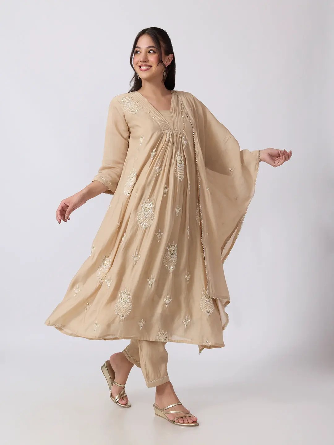 Women's Embellished Beige A Line Kurta Pant Set
