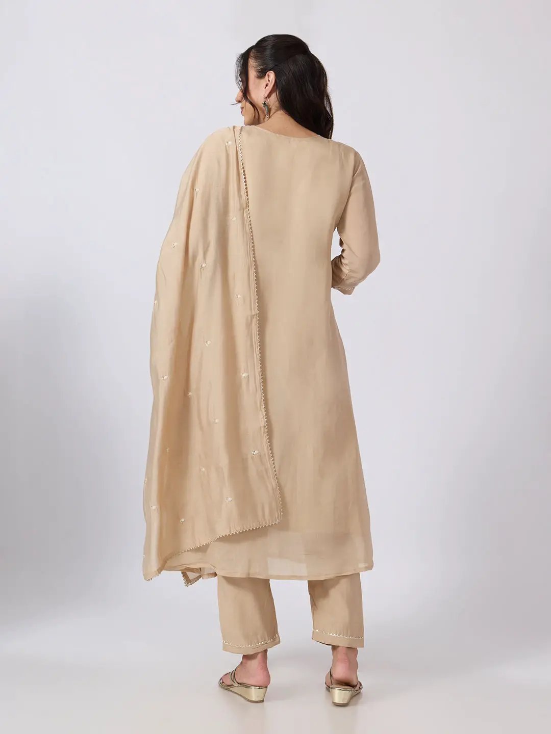 Women's Embellished Beige A Line Kurta Pant Set