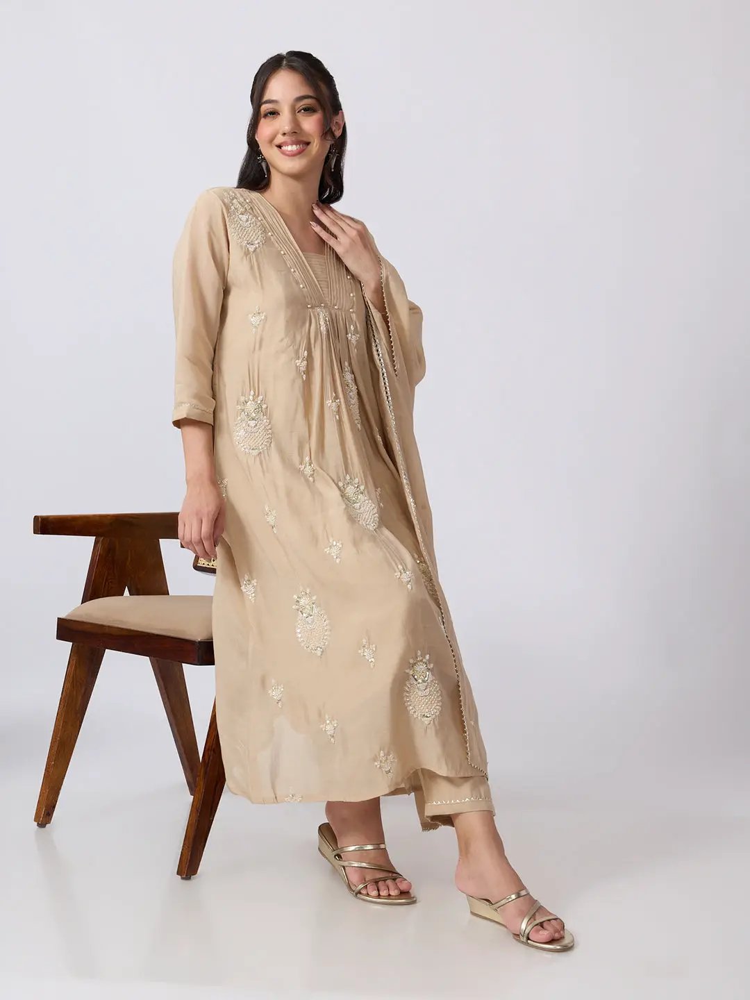 Women's Embellished Beige A Line Kurta Pant Set