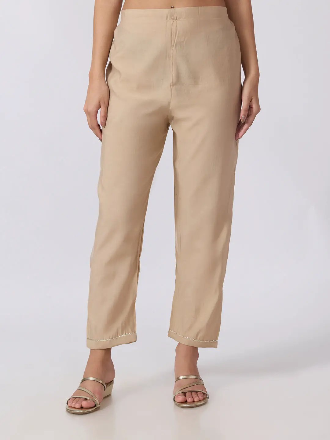 Women's Embellished Beige A Line Kurta Pant Set