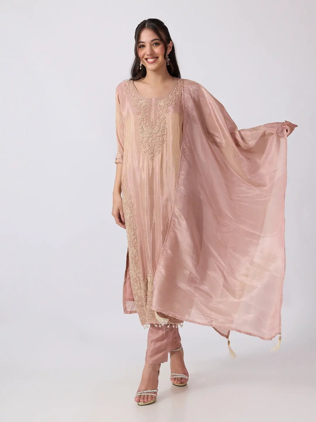 Women's Peach Embellished Kurta Set with Beads and Stones Work and Dupatta