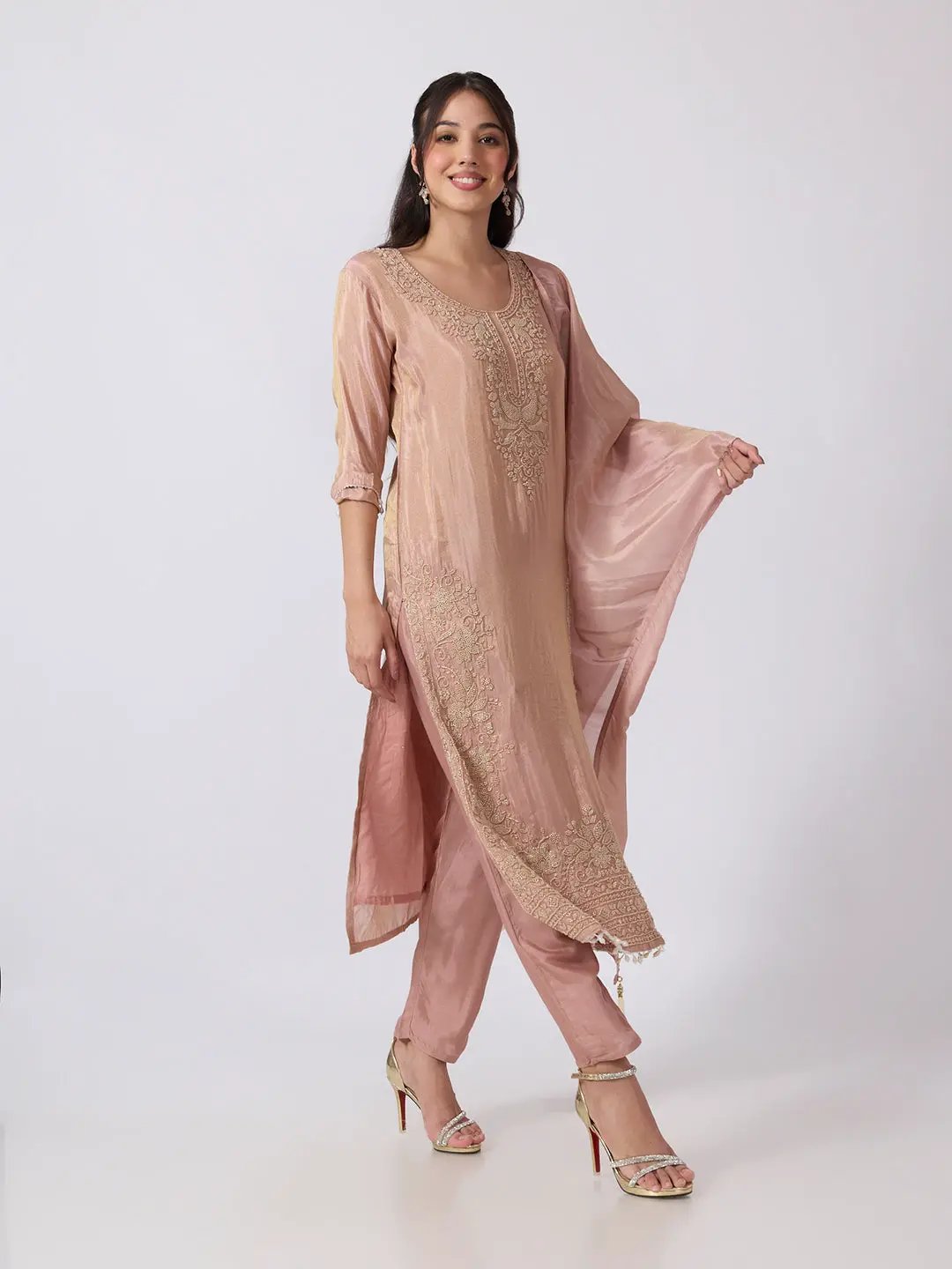 Women's Peach Embellished Kurta Set with Beads and Stones Work and Dupatta