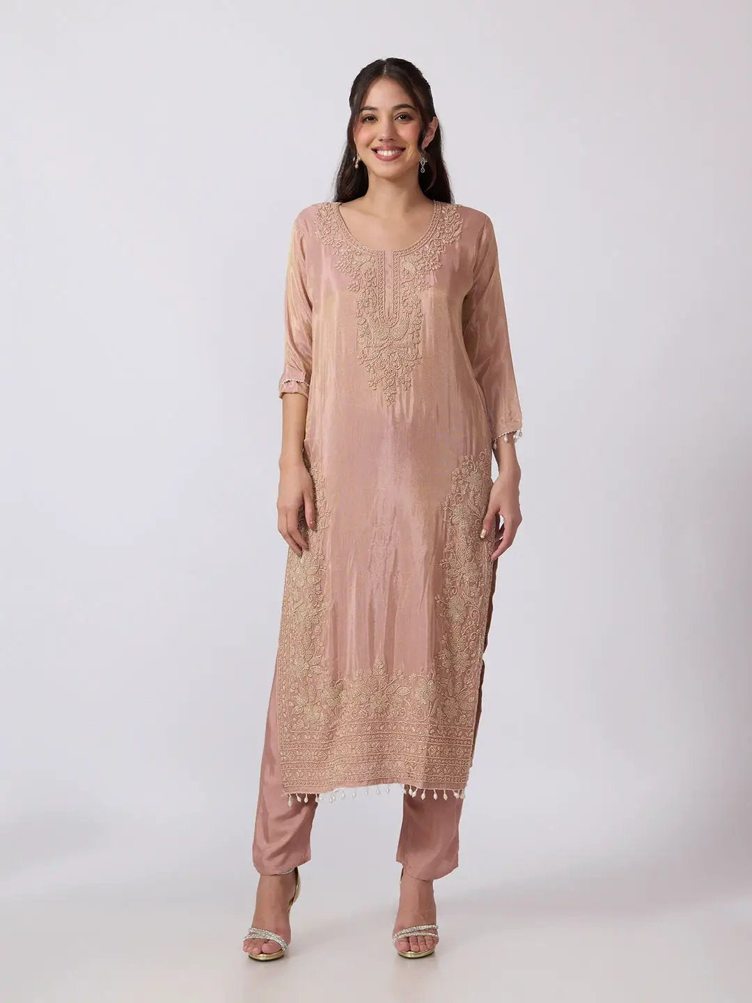Women's Peach Embellished Kurta Set with Beads and Stones Work and Dupatta
