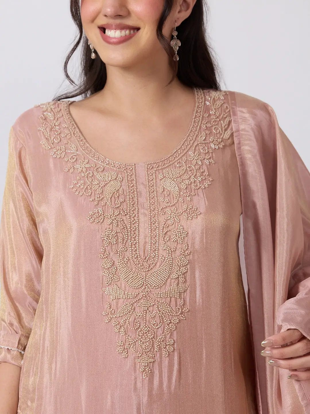 Women's Peach Embellished Kurta Set with Beads and Stones Work and Dupatta