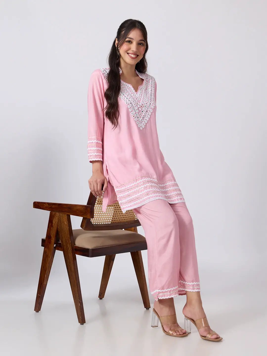 Women's Pink Straight Fit Mirror Work Embellished Kurti Pant Set with Lace Detailing