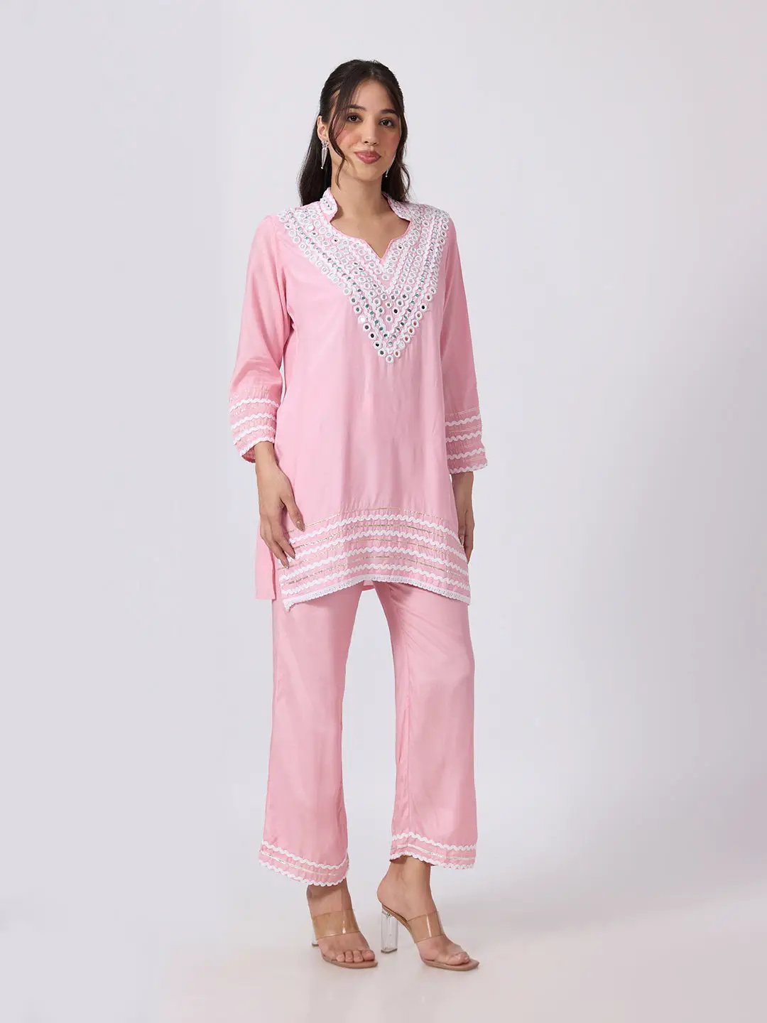Women's Pink Straight Fit Mirror Work Embellished Kurti Pant Set with Lace Detailing