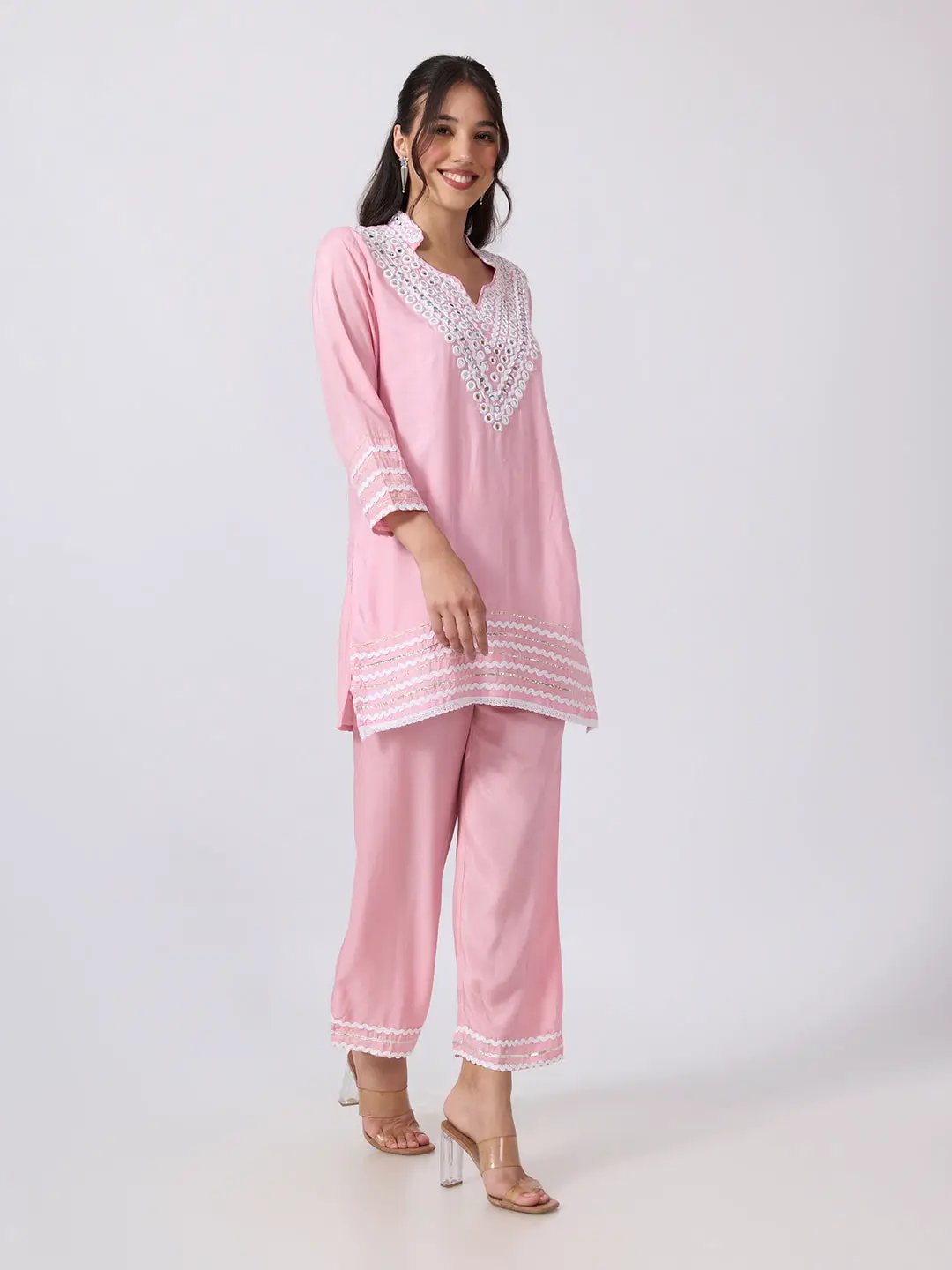 Women's Pink Straight Fit Mirror Work Embellished Kurti Pant Set with Lace Detailing
