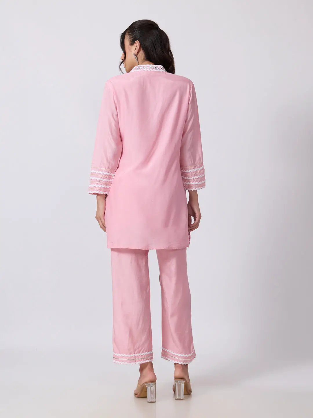 Women's Pink Straight Fit Mirror Work Embellished Kurti Pant Set with Lace Detailing