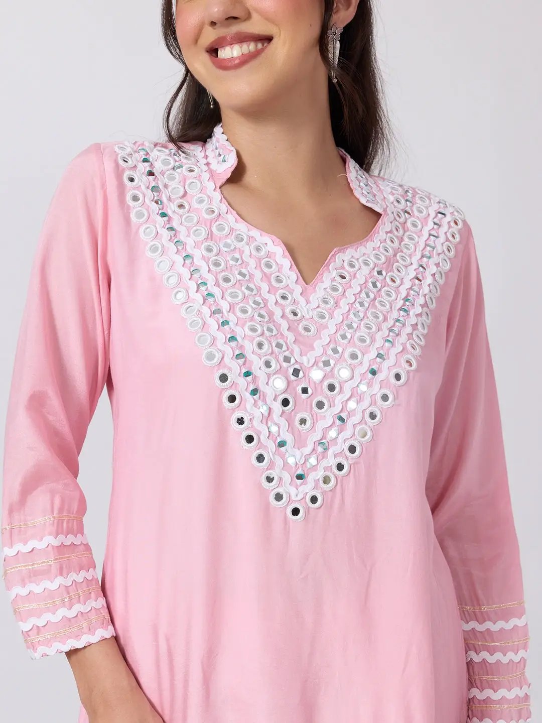 Women's Pink Straight Fit Mirror Work Embellished Kurti Pant Set with Lace Detailing