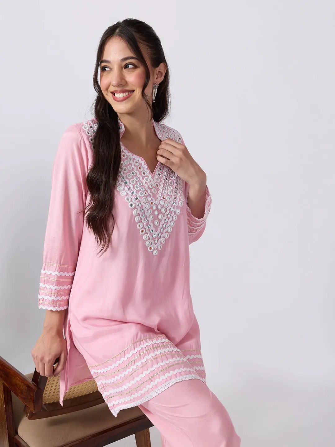 Women's Pink Straight Fit Mirror Work Embellished Kurti Pant Set with Lace Detailing