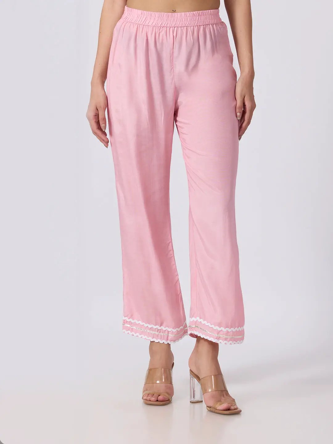 Women's Pink Straight Fit Mirror Work Embellished Kurti Pant Set with Lace Detailing